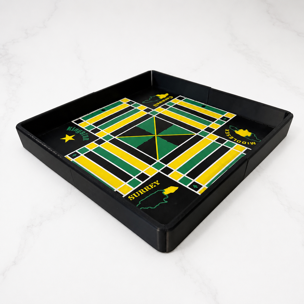 Angled view of the Lock Pon Stop 16×16 modular magnetic Jamaican Ludi board, showcasing the premium playing surface and modular frame.

