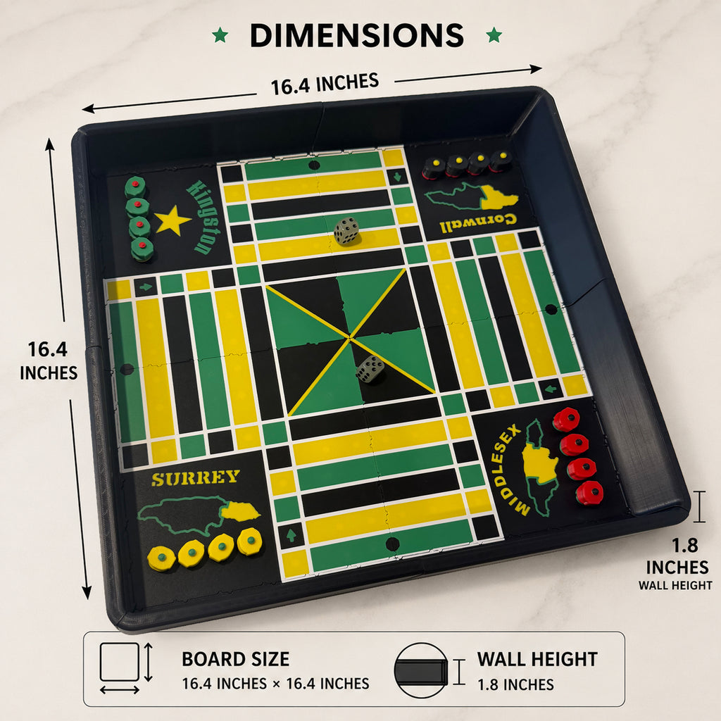 Dimensions of the Lock Pon Stop 16×16 modular magnetic Ludi board showing a 16.4 × 16.4 inch footprint and 1.8 inch wall height.

