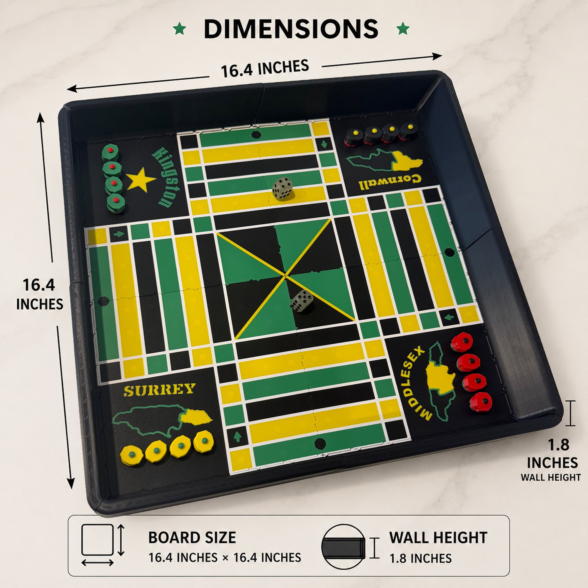 Dimensions of the Lock Pon Stop 16×16 modular magnetic Ludi board showing a 16.4 × 16.4 inch footprint and 1.8 inch wall height.
