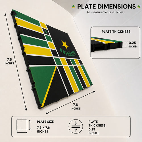 Dimensions of one Lock Pon Stop 16×16 modular Ludi board plate, measuring 7.6 by 7.6 inches and 0.25 inches thick.
