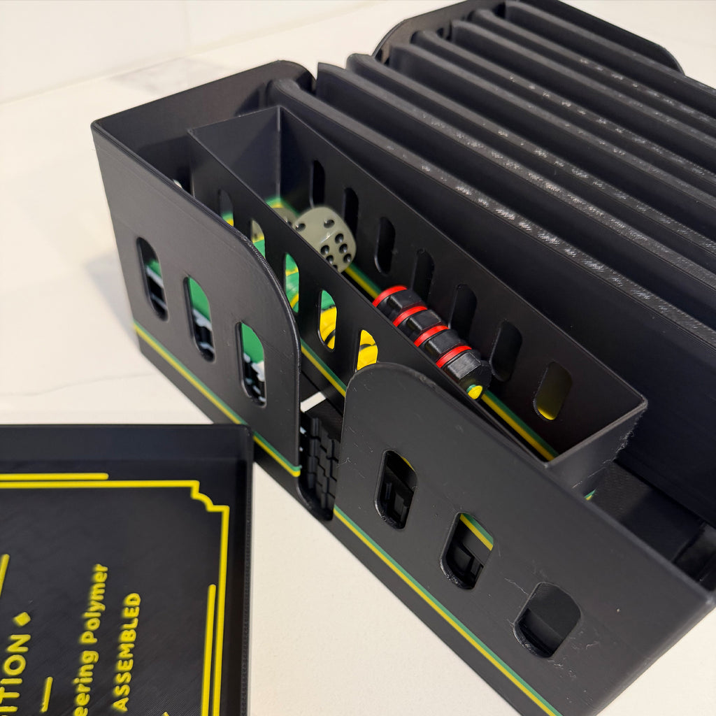 Storage case for the Lock Pon Stop 16×16 modular magnetic Ludi board, holding the board plates, magnetic game pieces, and dice.