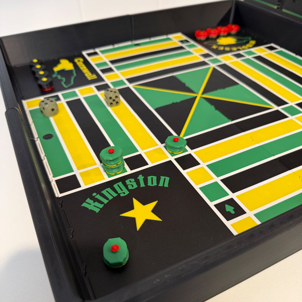 Angled view of the Lock Pon Stop 16×16 modular magnetic Ludi board with magnetic game pieces, stacked gates, and dice during gameplay.