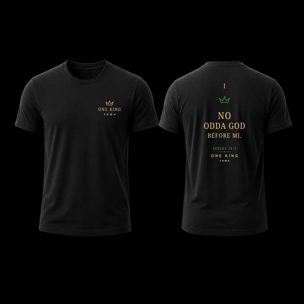Black t-shirt with text and logo on front and back, on a white background. Di First Commandment Lock Pon Stop Shirt. No Odda God Before Mi. Exodus 20:3