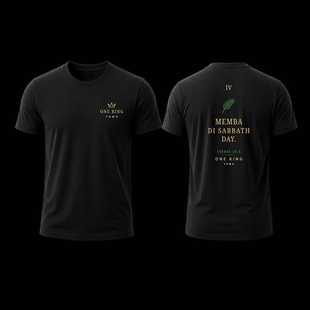 Black t-shirt with text and logo on front and back Fourth Commandment Memba Di Sabbath Day Jamaican Patois