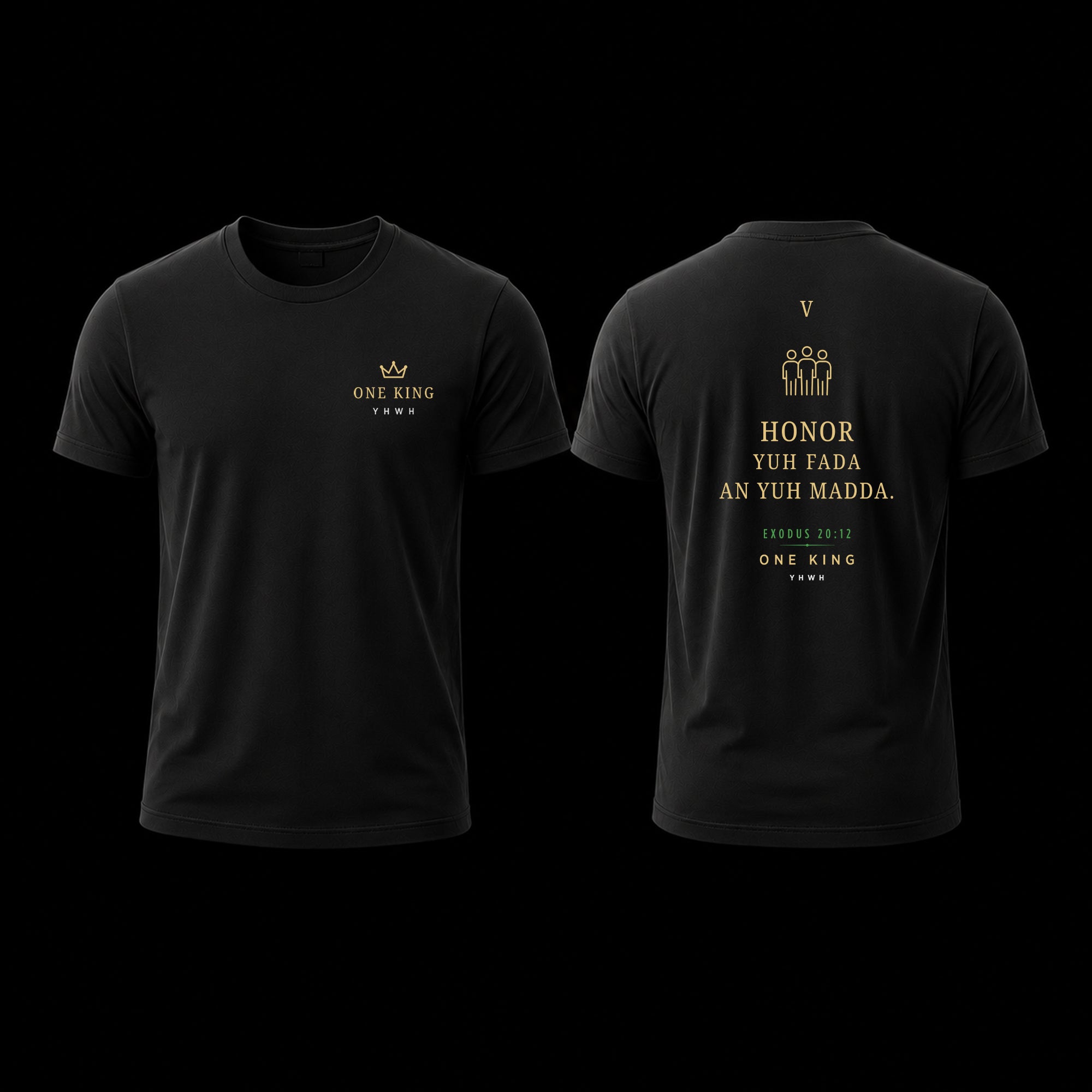 Black t-shirt with text and logo on front and back, on a black background Fifth Commandment 5 Honor Yuh Fada An Yuh Madda Exodus 20:12
