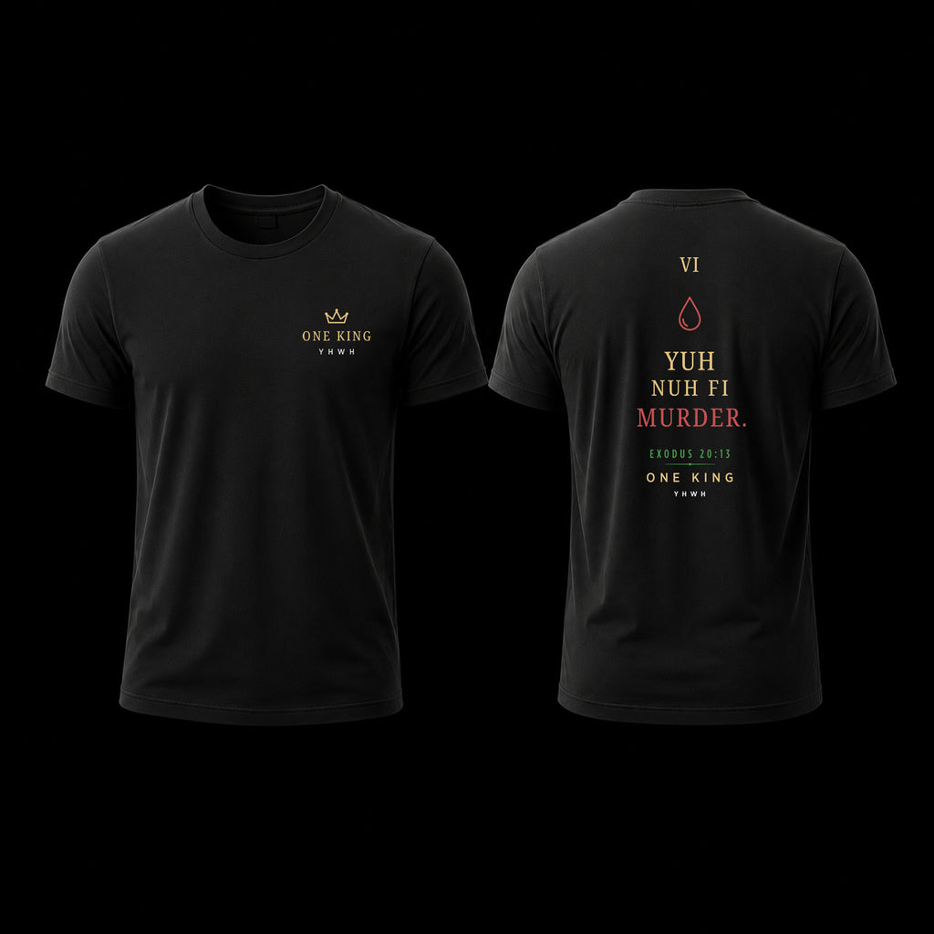 Black t-shirt with text and logo on front and back Sixth Commandment Yuh Nuh Fi Murder Jamaican Patois Exodus 20:13
