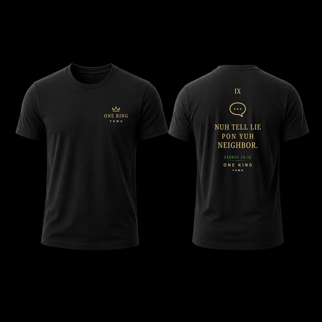 Black t-shirt with text and logo on front and back, on a white background Ninth commandment 9 Nuh tell lie pon yuh neighbor Exodus 20:16