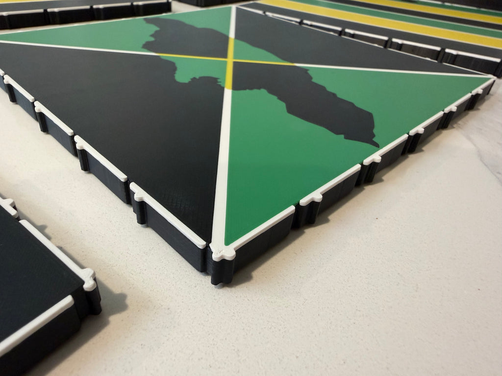 Close-up of the center Jamaica tile on a 24x24-inch modular magnetic Jamaican Ludi board, featuring precision-fit snap-together connections, premium printed graphics, and durable ASA construction.