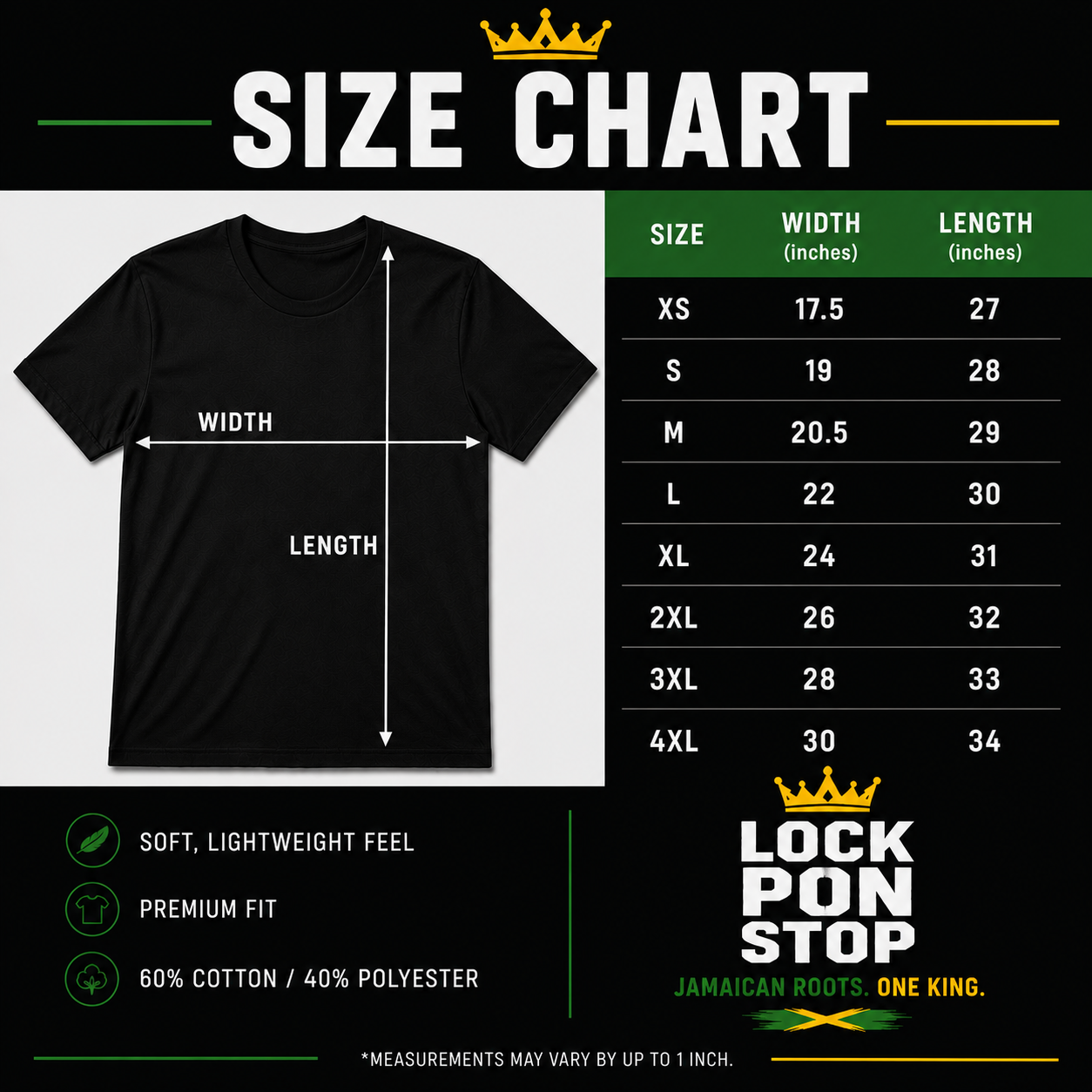 Black t-shirt with size chart and brand logo on a black background Lock Pon Stop