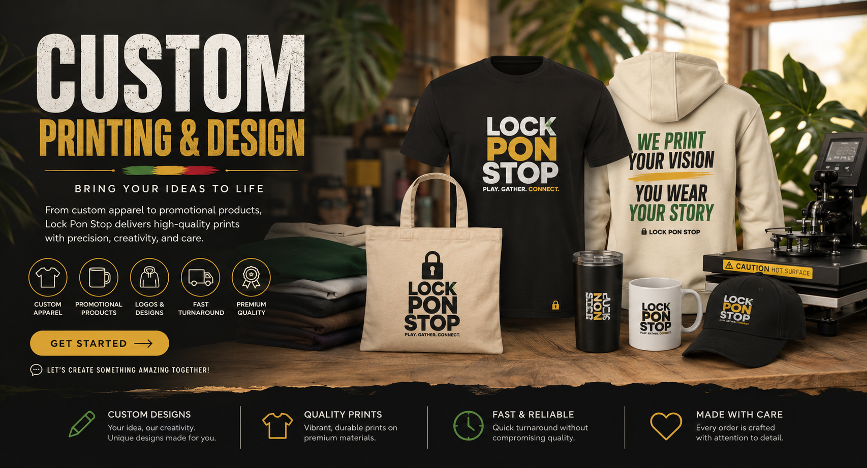 Lock Pon Stop custom printing and design services featuring custom t-shirts, hoodies, tote bags, mugs, tumblers, hats, and professional apparel printing with high-quality branding solutions.