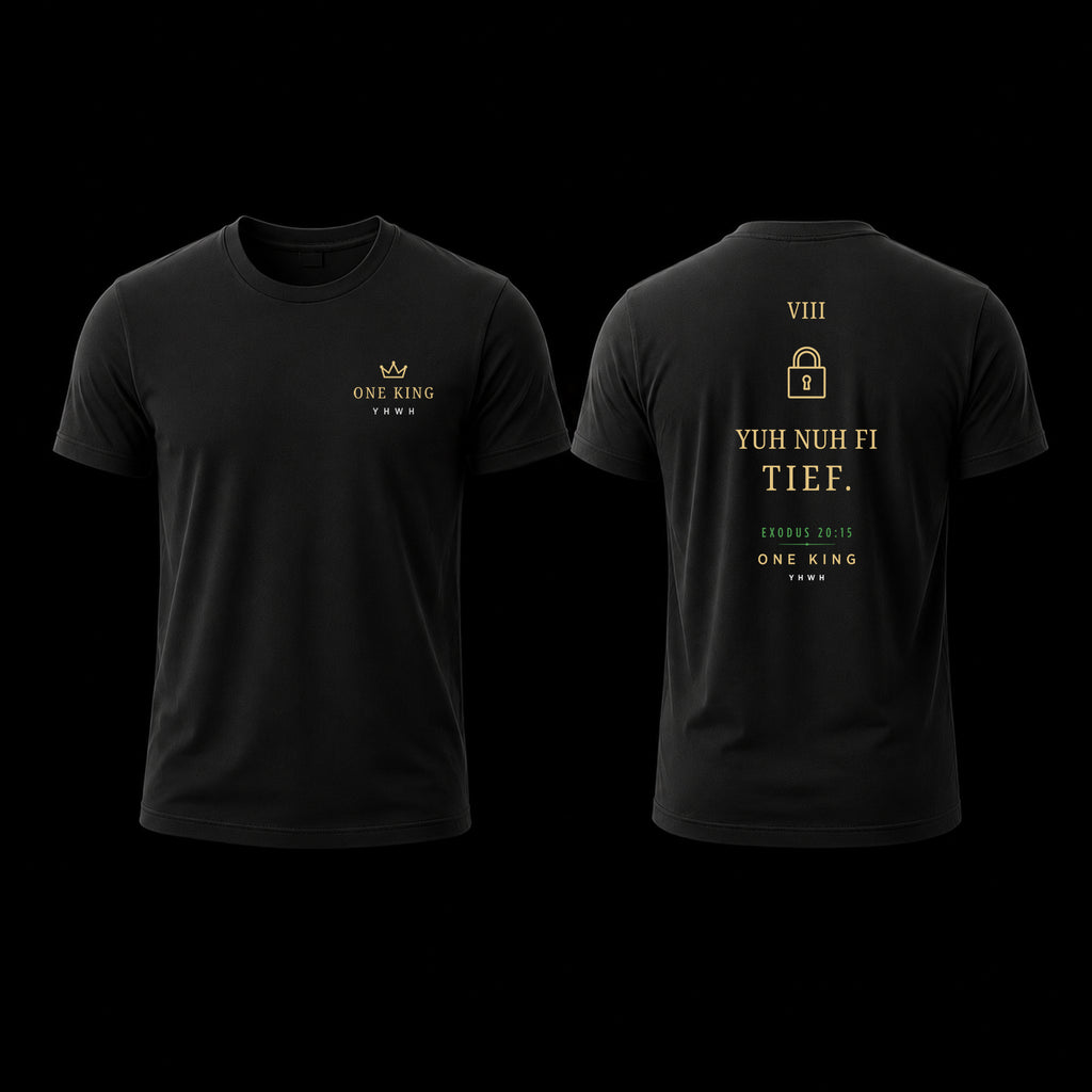 Black t-shirt with text and logo on front and back against a black background Eighth Commandment 8 Yuh Nuh Fi Tief Jamaican Patois Exodus 20:15