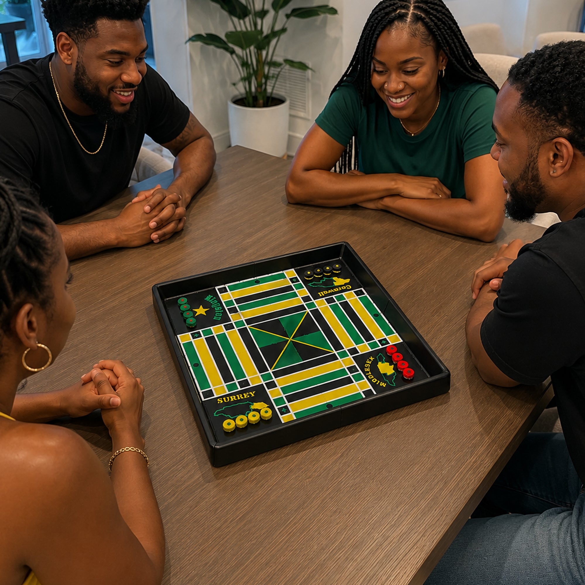 Four friends gathered around the Lock Pon Stop 16×16 modular magnetic Ludi board, enjoying a Jamaican family game night.