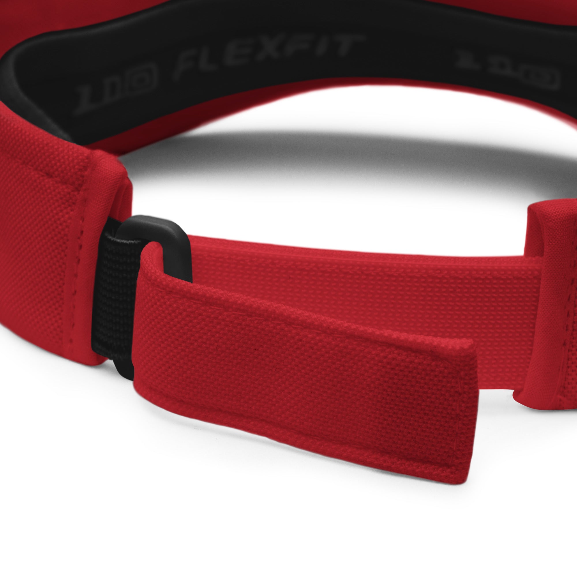 Back view of the red Jamaican heart visor with an adjustable closure.
