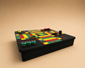 Colorful ludi Ludo 3d printed lock pon stop Jamaican board with pieces on a beige background