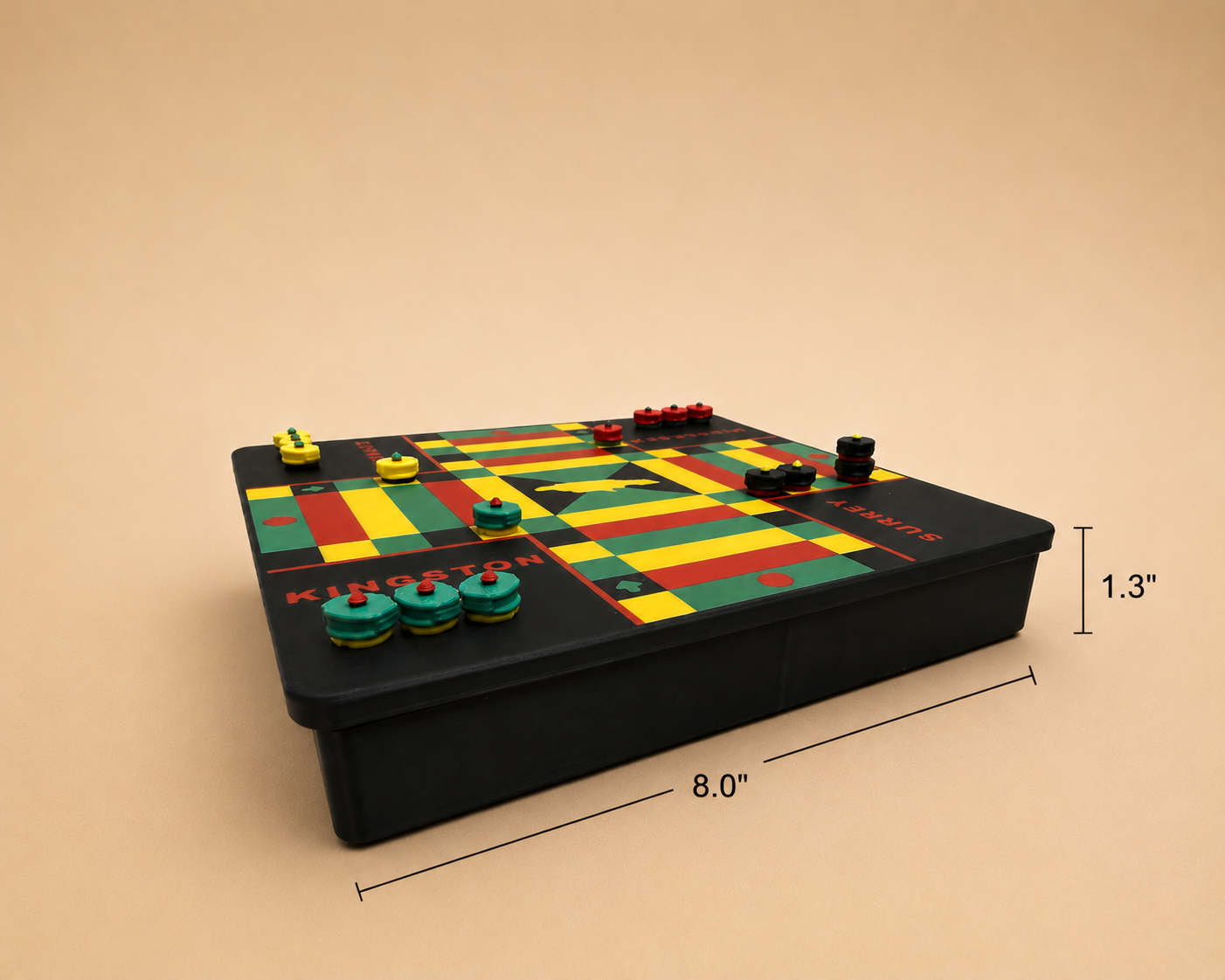 ludi board with colorful pieces on a beige background
