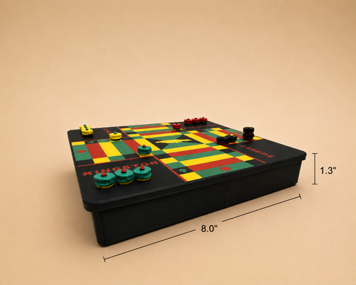 ludi board with colorful pieces on a beige background