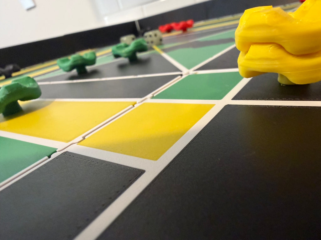 Low-angle close-up of the Lock Pon Stop 24x24 Modular Magnetic Ludi Board with magnetic stackable game pieces, dual dice, and precision-fit modular panels, highlighting the board's premium craftsmanship and immersive tabletop gameplay.