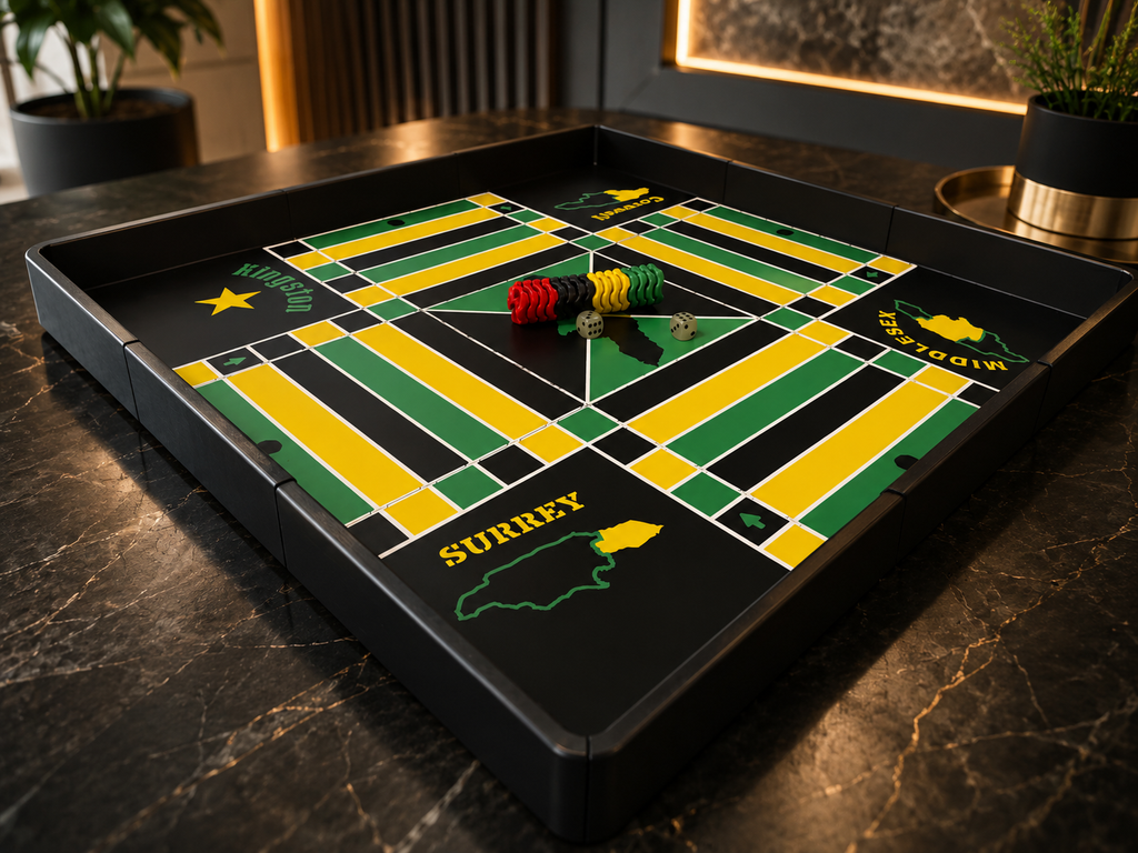 24x24-inch modular magnetic Jamaican Ludi board with magnetic stackable game pieces and dice on a premium tabletop, ready for gameplay.