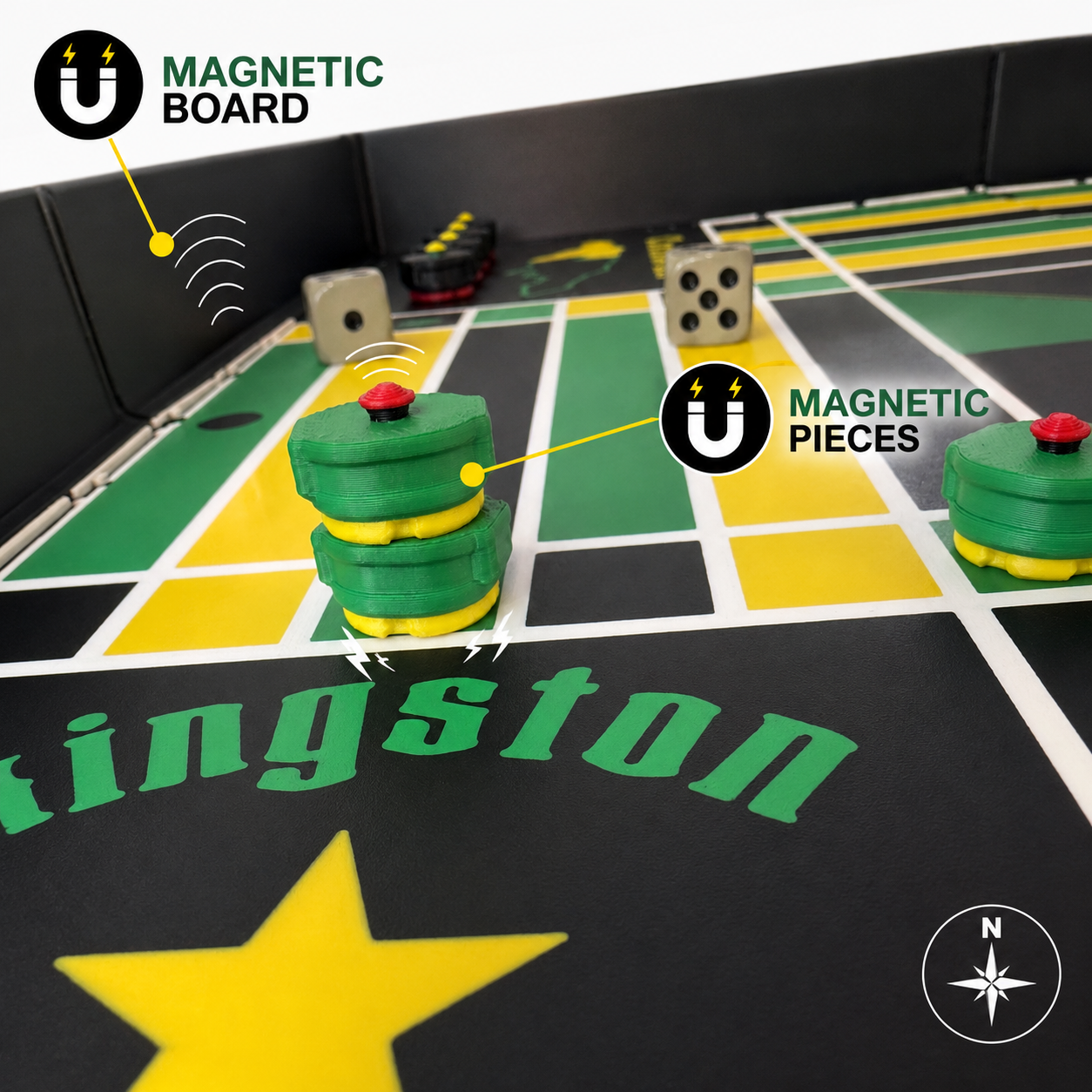 Close-up of the Lock Pon Stop 16×16 modular magnetic Ludi board demonstrating the magnetic playing surface and magnetic stackable game pieces.
