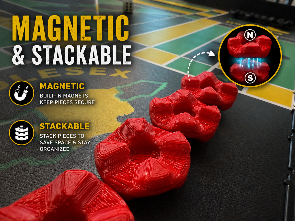 Close-up of magnetic stackable game pieces on a premium 24x24-inch modular Jamaican Ludi board, showcasing built-in magnets for secure play, easy storage, and durable ASA construction.