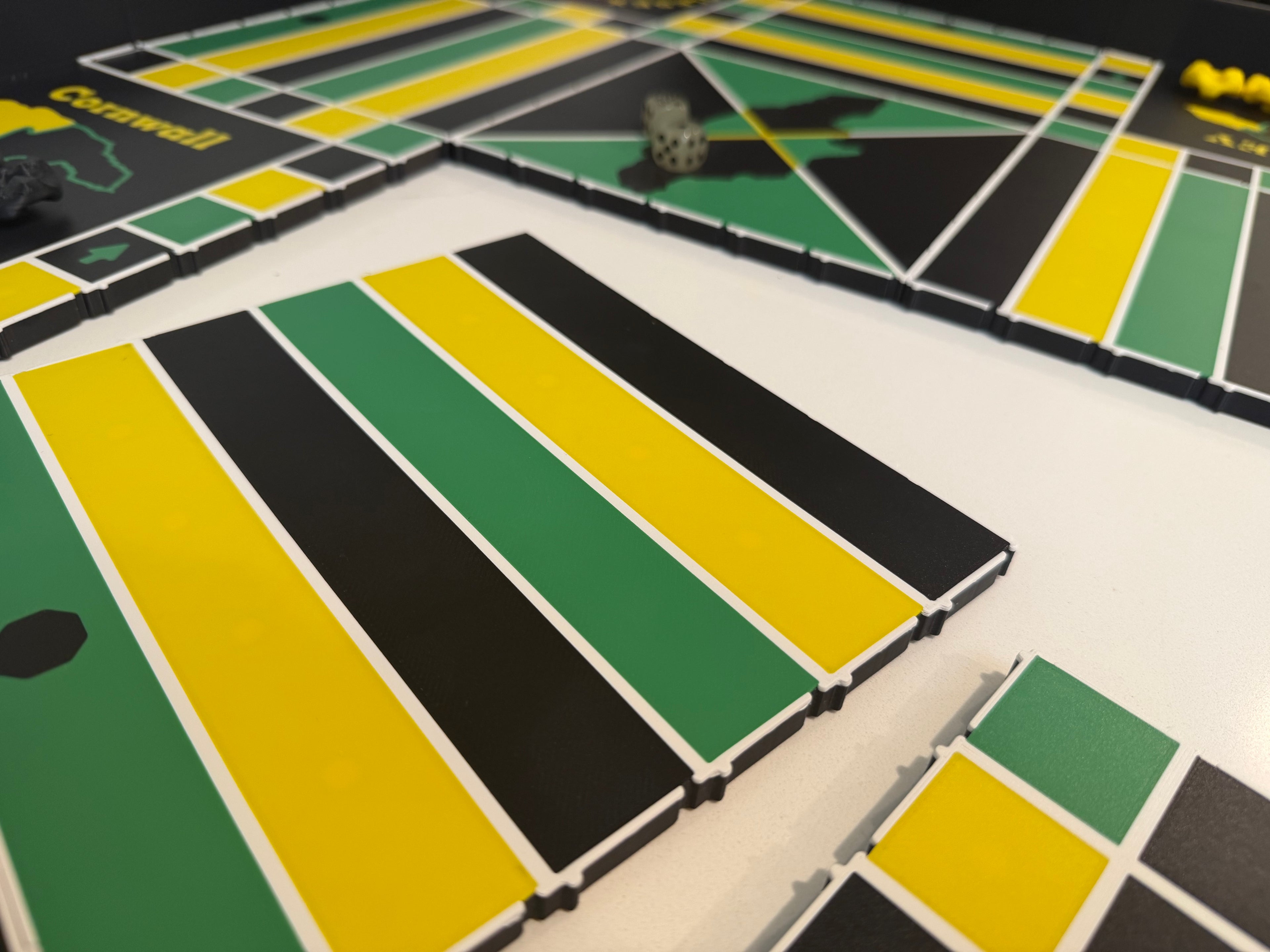 Close-up of the modular snap-together sections on a 24x24-inch magnetic Jamaican Ludi board, showcasing precision-fit interlocking panels for easy assembly, portability, and durable ASA construction.