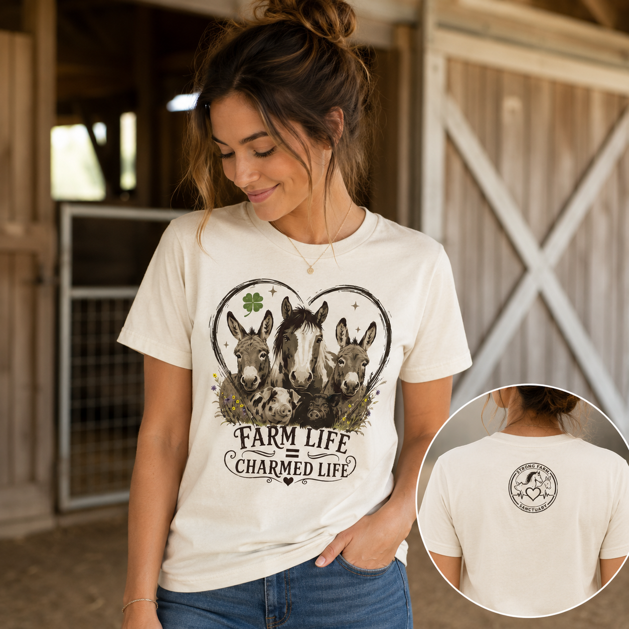 Lifestyle photo of a woman wearing the white Farm Life Charmed Life Strong Farm Sanctuary support shirt in a rustic barn. The front features a vintage-style rescued animal graphic, while an inset image shows the Strong Farm Sanctuary logo printed below the back collar.