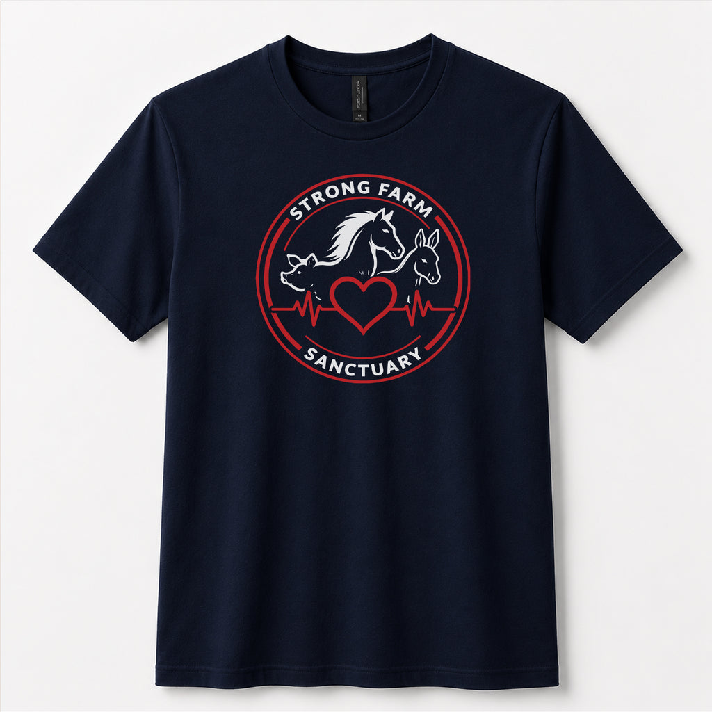 Navy Next Level 6410 sueded t-shirt featuring the official Strong Farm Sanctuary logo printed on the front chest. The circular logo includes a horse, donkey, pig, heart, and heartbeat line representing the sanctuary's mission to care for rescued farm animals.