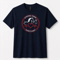 Navy Next Level 6410 sueded t-shirt featuring the official Strong Farm Sanctuary logo printed on the front chest. The circular logo includes a horse, donkey, pig, heart, and heartbeat line representing the sanctuary's mission to care for rescued farm animals.