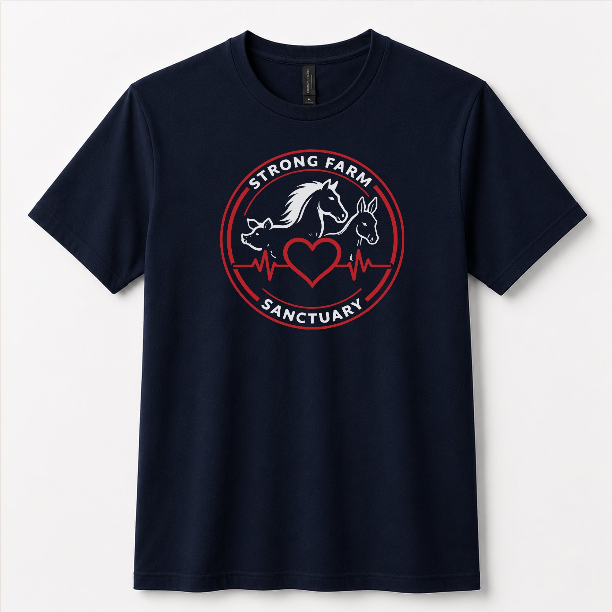 Navy Next Level 6410 sueded t-shirt featuring the official Strong Farm Sanctuary logo printed on the front chest. The circular logo includes a horse, donkey, pig, heart, and heartbeat line representing the sanctuary's mission to care for rescued farm animals.