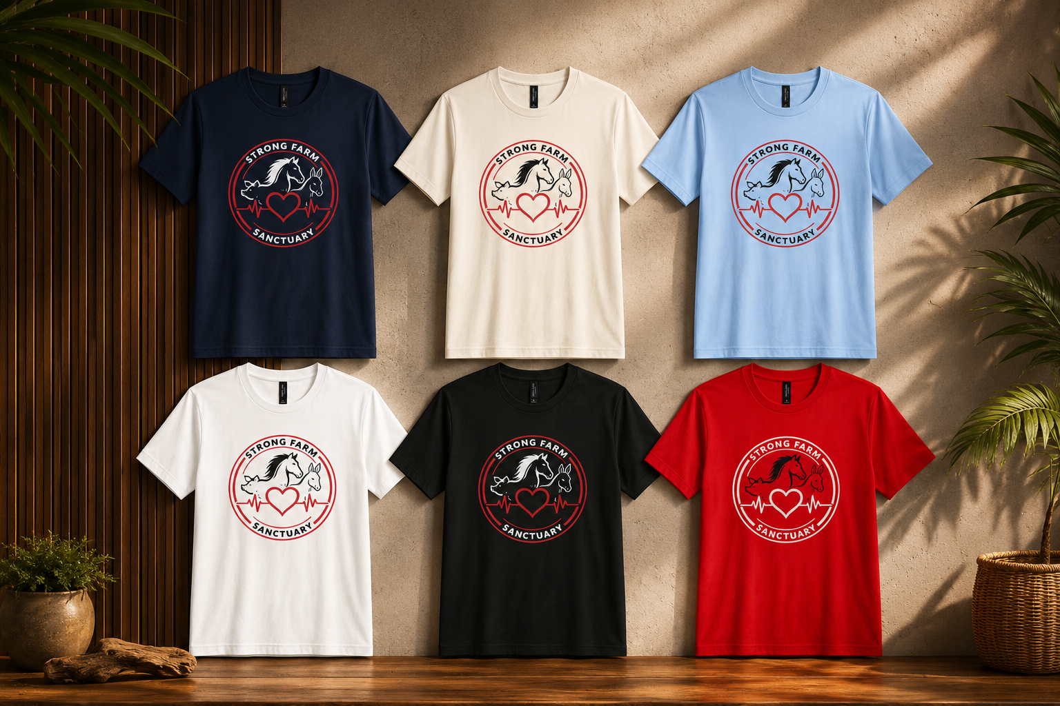 Color options for the Strong Farm Sanctuary logo t-shirt, shown in navy, natural, light blue, white, black, and red. Each Next Level 6410 shirt features the official Strong Farm Sanctuary logo printed on the front chest.