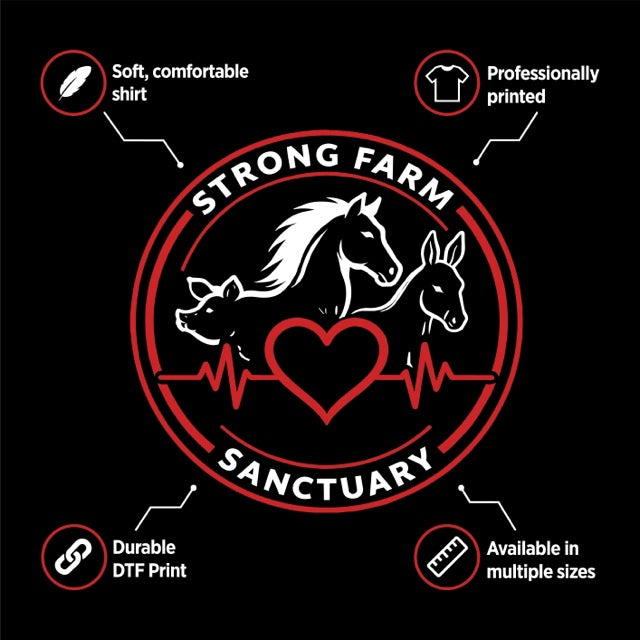 Informational graphic highlighting the features of the Strong Farm Sanctuary logo t-shirt. The image showcases the official sanctuary logo alongside key product benefits including a soft, comfortable shirt, professional DTF printing, durable print quality, and availability in multiple sizes.