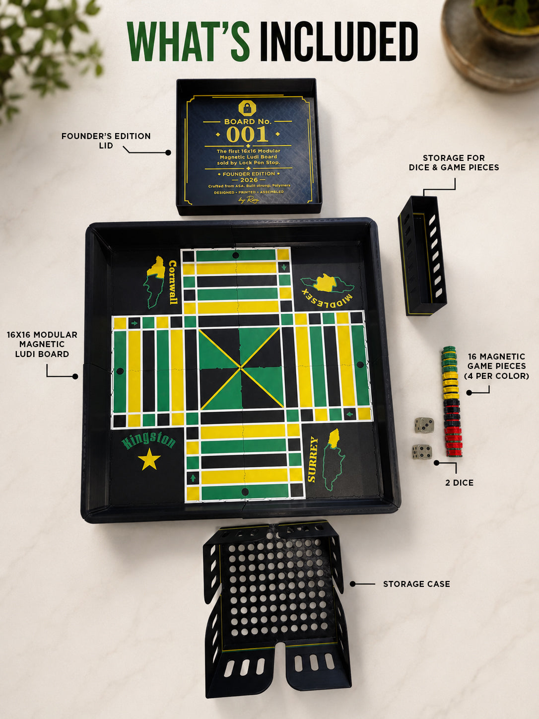 Everything included with the Lock Pon Stop 16×16 modular magnetic Ludi board: board, 16 magnetic game pieces, 2 dice, storage case, storage tray, and Founder’s Edition lid.
