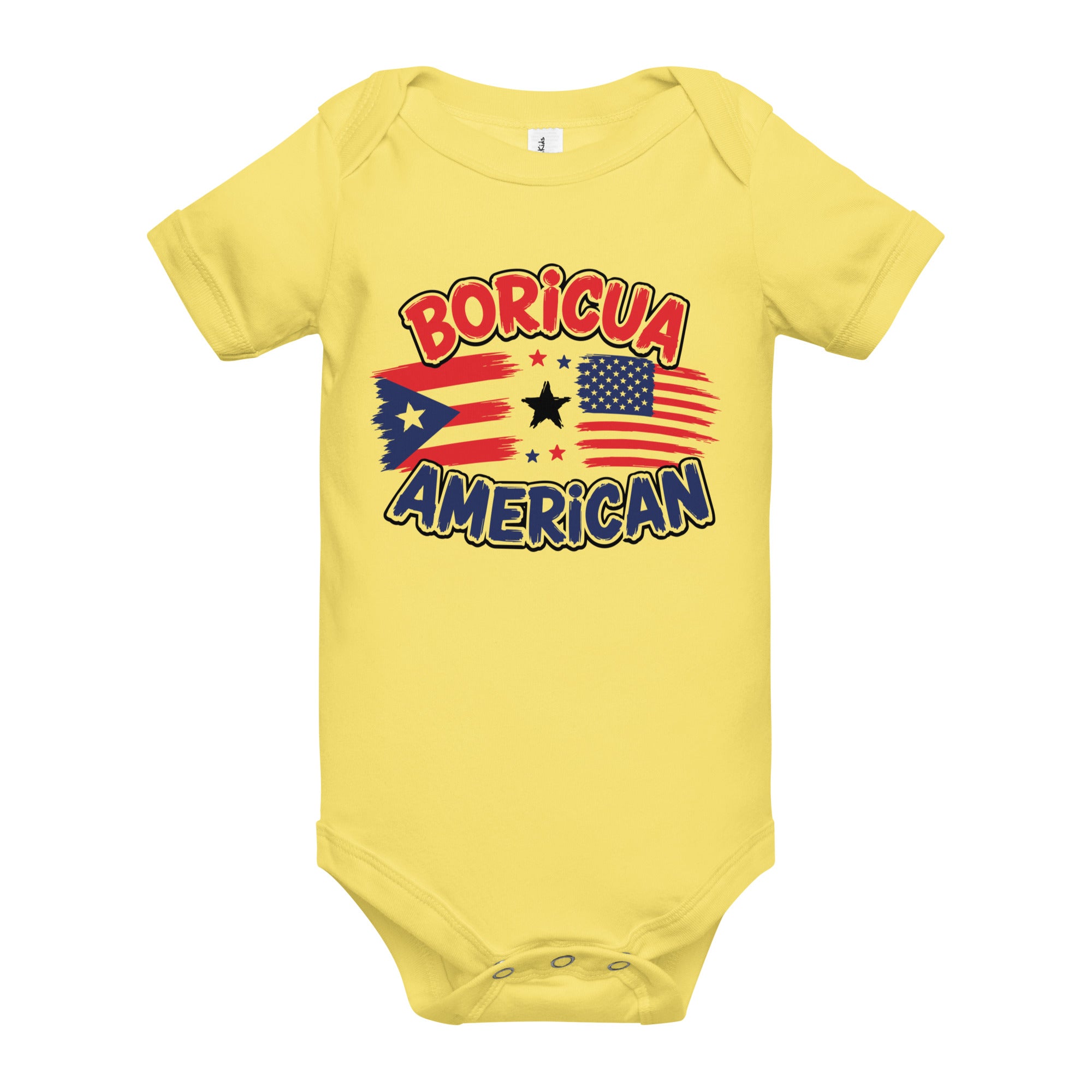 Yellow Boricua American baby bodysuit with Puerto Rican and U.S. flag design.
