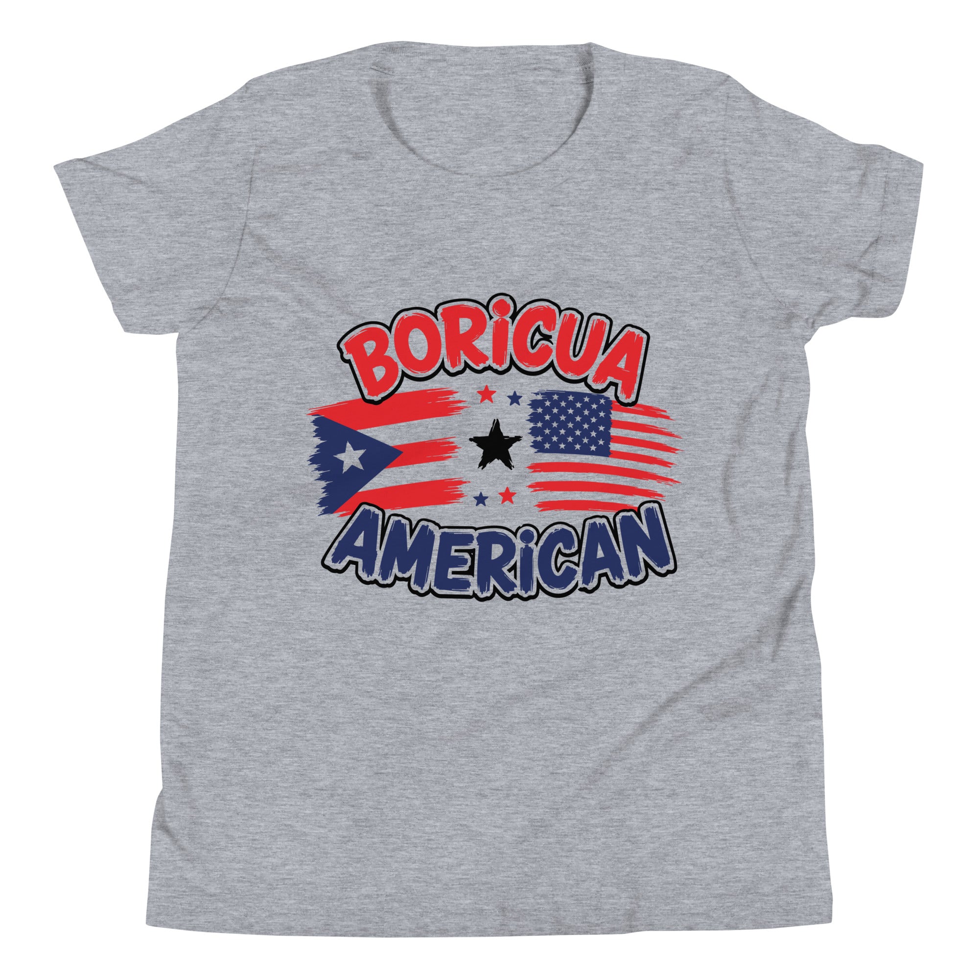Athletic heather Boricua American youth T-shirt with Puerto Rican and U.S. flag design.
