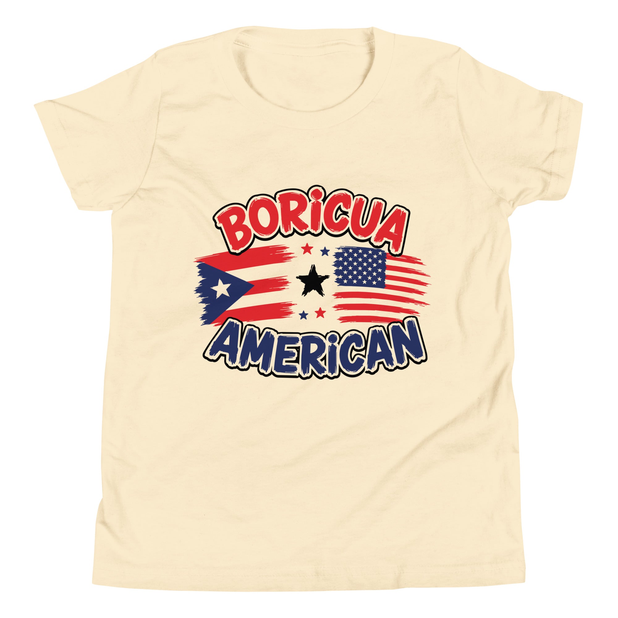 Natural color Boricua American youth T-shirt with Puerto Rican and U.S. flag design.
