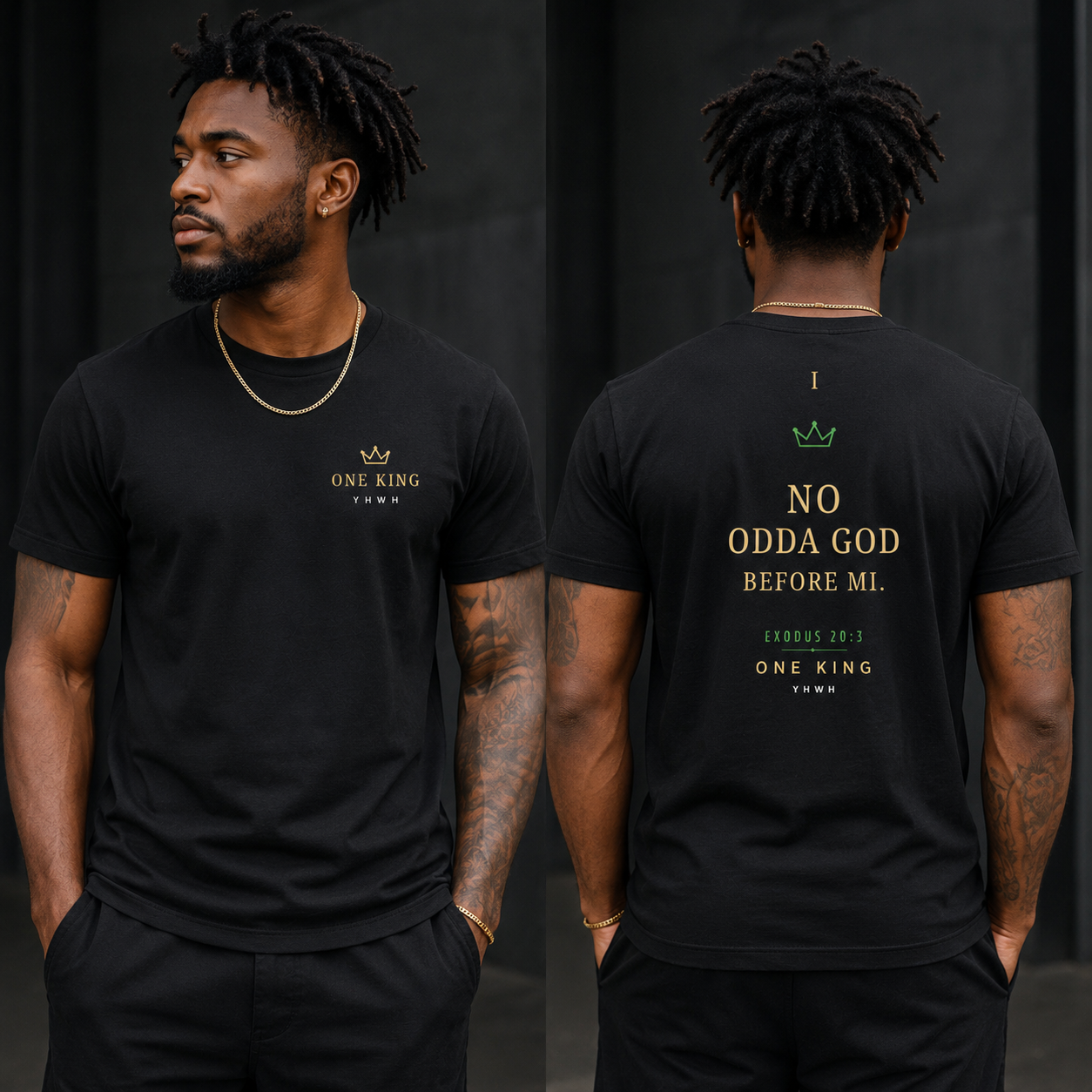 Person wearing a black t-shirt with text on the front and back, standing against a dark background. Di First Commandment Lock Pon Stop Shirt. No Odda God Before Mi. Exodus 20:3