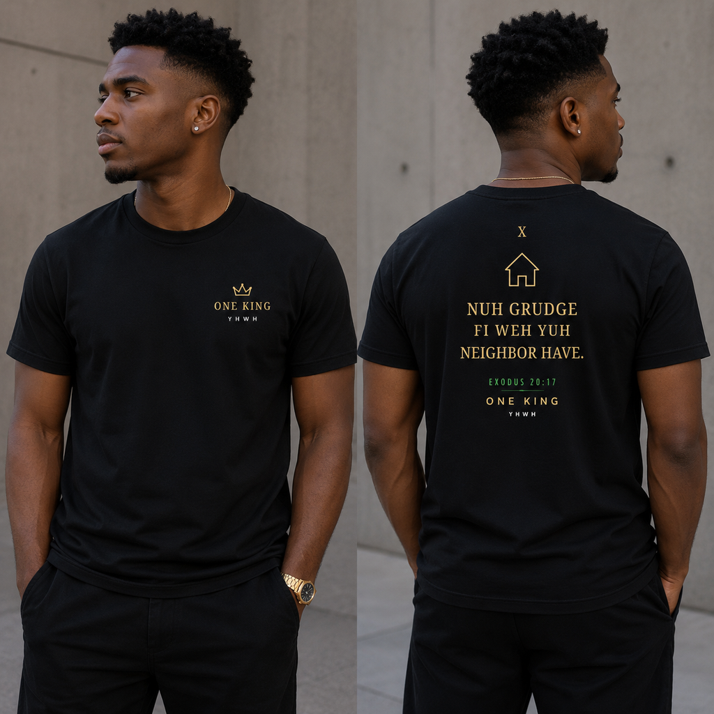 Person wearing a black t-shirt with text and logo, shown from front and back. Tenth Commandment Exodus 20:17 Nuh Grudge Fi Wei Yuh Neighbor Have