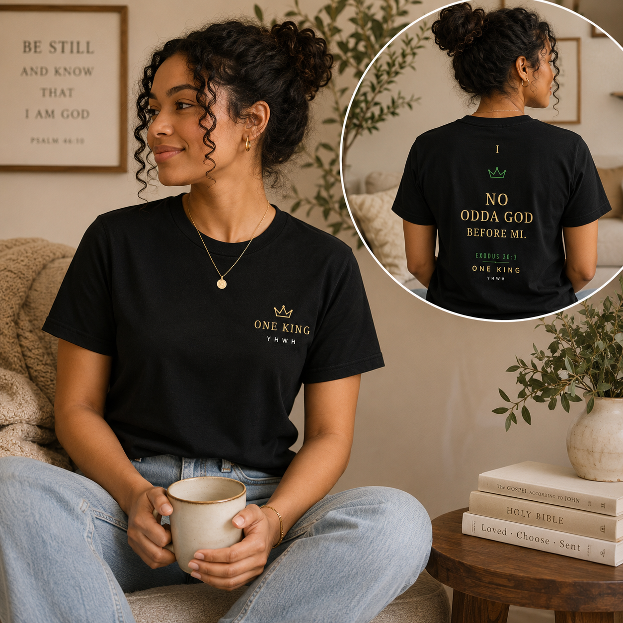 Woman wearing a black t-shirt with text and logo, holding a mug in a cozy room. Di First Commandment Lock Pon Stop Shirt. No Odda God Before Mi. Exodus 20:3 in patois