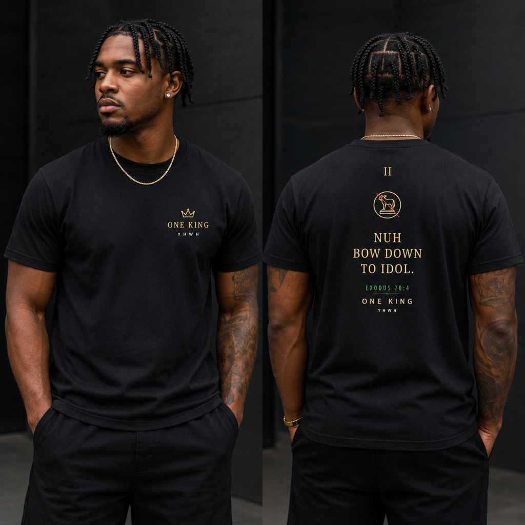 Person wearing a black t-shirt with text and branding, shown from front and back. Nuh bow down to idol. Exodus 20:4 Jamaican Patois Bible Commandment two shirt. Second commandment. Lock pon Stop