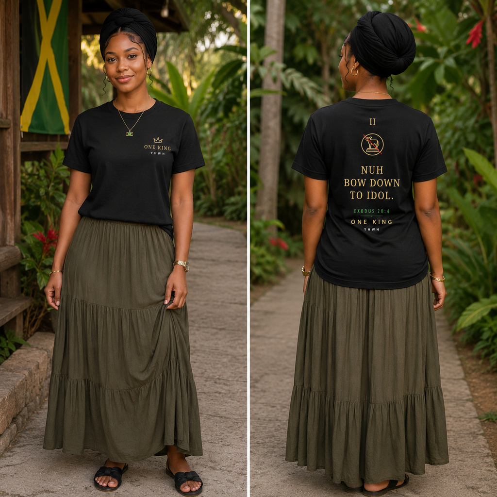 Woman wearing a black t-shirt with text and a green skirt in a tropical setting. Nuh bow down to idol. Exodus 20:4 Jamaican Patois Bible Commandment two shirt. Second commandment. Lock pon Stop