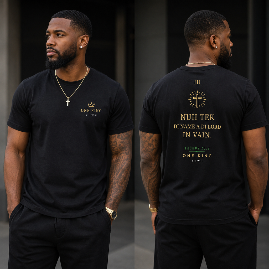 Man wearing a black t-shirt with text and logos on the front and back, standing against a dark background. Nuh tea di name a di Lord in vain. Cross on back. Exodus 20:7. Third Commandment Christian Jamaican Patois Shirt. Crown on front. One King YHWH