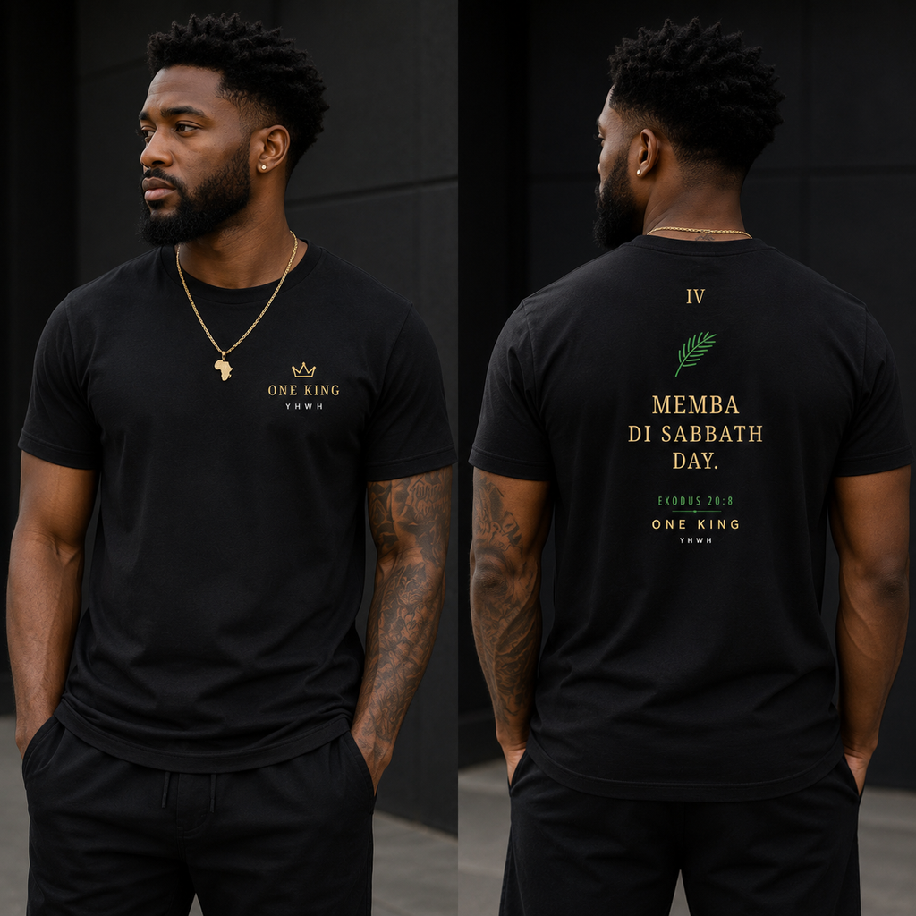 Man wearing a black t-shirt with text and graphics on the front and back, standing against a dark background. Fourth Commandment Memba Di Sabbath Day Jamaican Patois