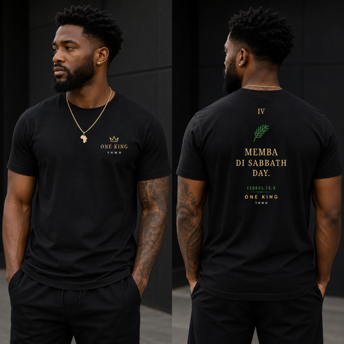 Man wearing a black t-shirt with text and graphics on the front and back, standing against a dark background. Fourth Commandment Memba Di Sabbath Day Jamaican Patois