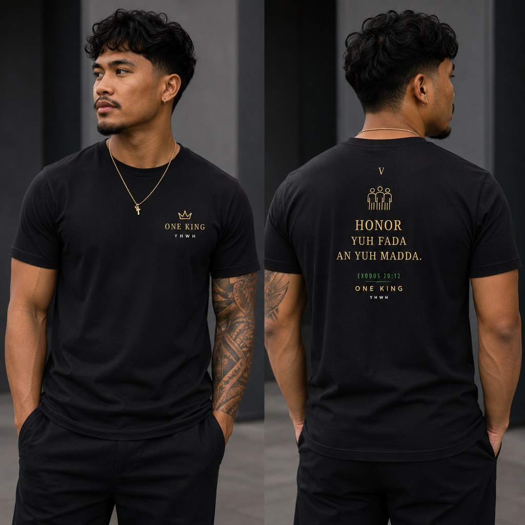 Man wearing a black t-shirt with text and logo on front and back, standing against a gray background. Fifth Commandment 5 Honor Yuh Fada An Yuh Madda Exodus 20:12