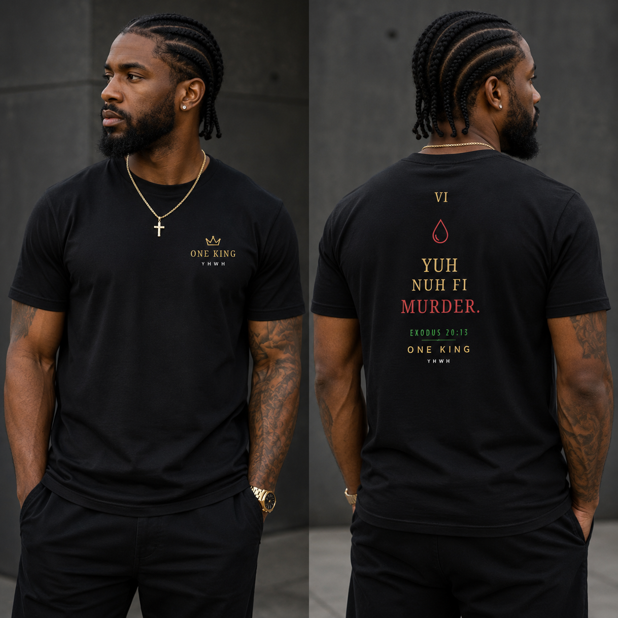 Man wearing a black t-shirt with text on the front and back, standing against a dark background. Sixth Commandment Yuh Nuh Fi Murder Jamaican Patois Exodus 20:13