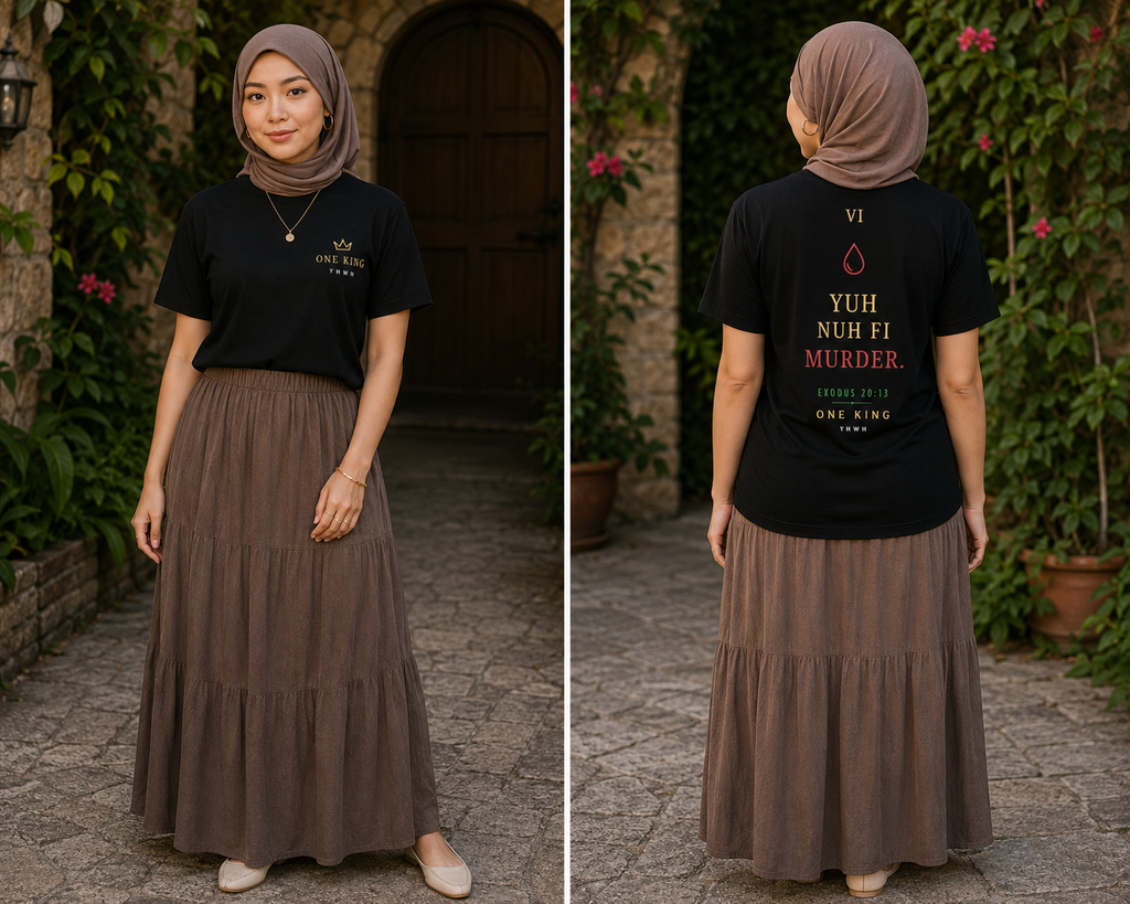 Woman wearing a black t-shirt with text and a brown hijab and skirt standing outdoors. Sixth Commandment Yuh Nuh Fi Murder Jamaican Patois Exodus 20:13