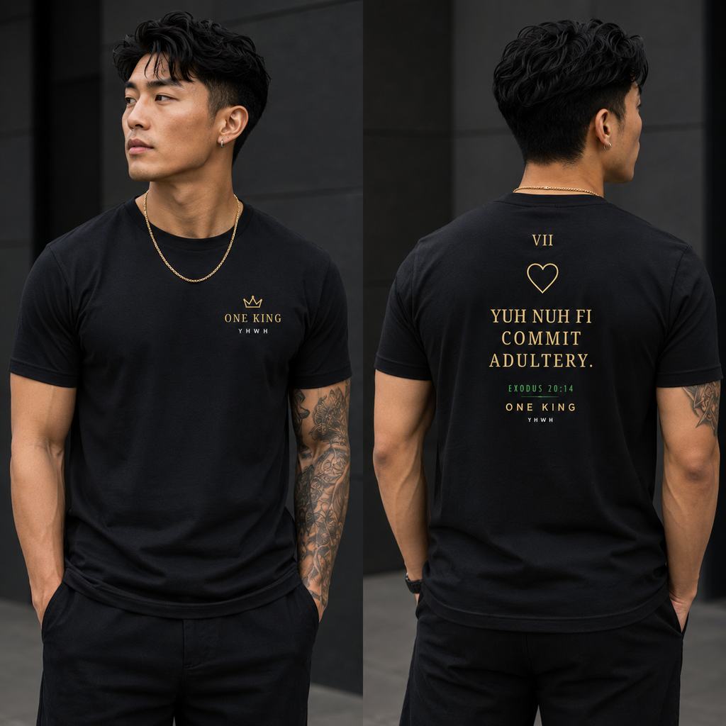 Man wearing a black t-shirt with text and branding, showing front and back views. Seventh Commandment 7 Yuh nuh fi commit adultery Exodus 20:14 lock pon stop