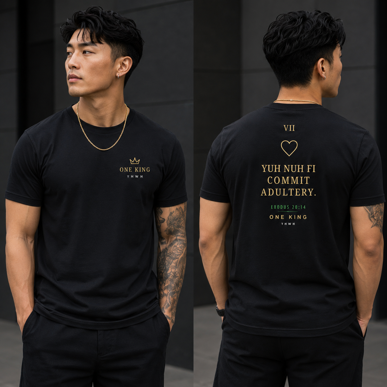 Man wearing a black t-shirt with text and branding, showing front and back views. Seventh Commandment 7 Yuh nuh fi commit adultery Exodus 20:14 lock pon stop