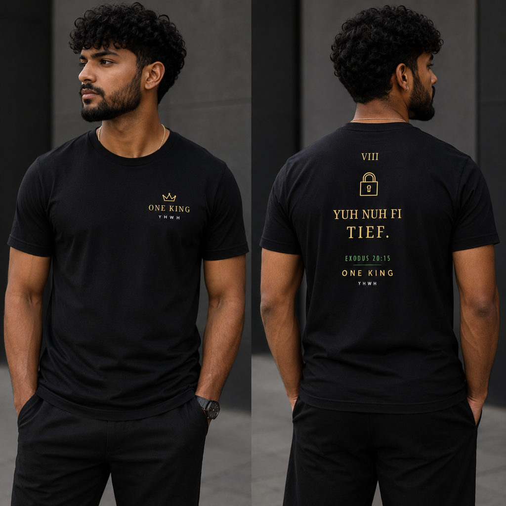 Man wearing a black t-shirt with text on the front and back, standing against a dark background. Eighth Commandment 8 Yuh Nuh Fi Tief Jamaican Patois Exodus 20:15