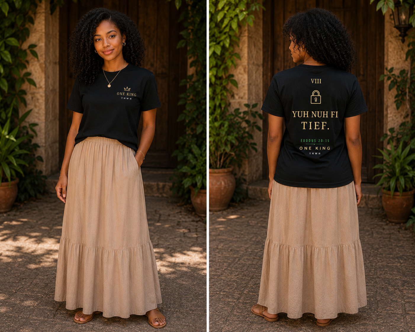 Woman wearing a black t-shirt with text and a beige skirt outdoors. Eighth Commandment 8 Yuh Nuh Fi Tief Jamaican Patois Exodus 20:15